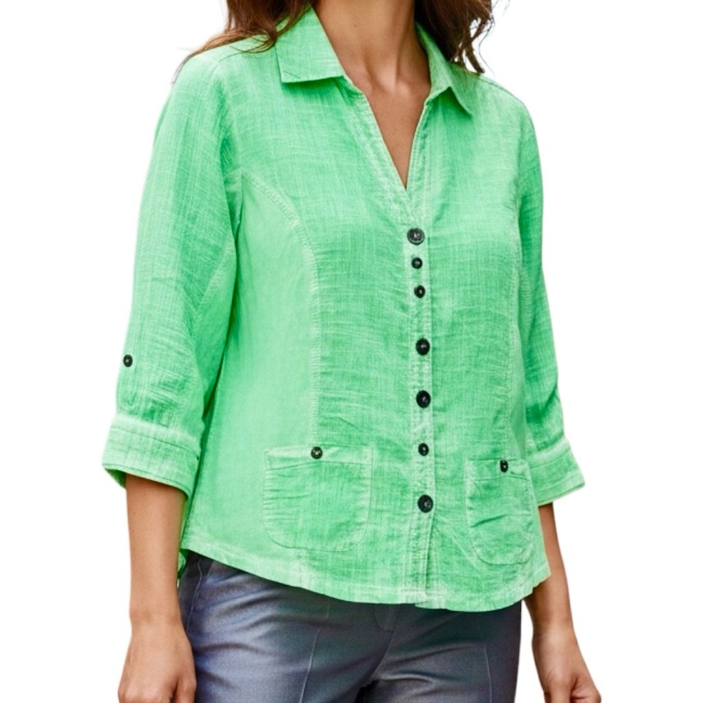 Parsley & Sage Top Artsy Lime Green Button/Mismatched Up Pockets 3/4 Sleeve